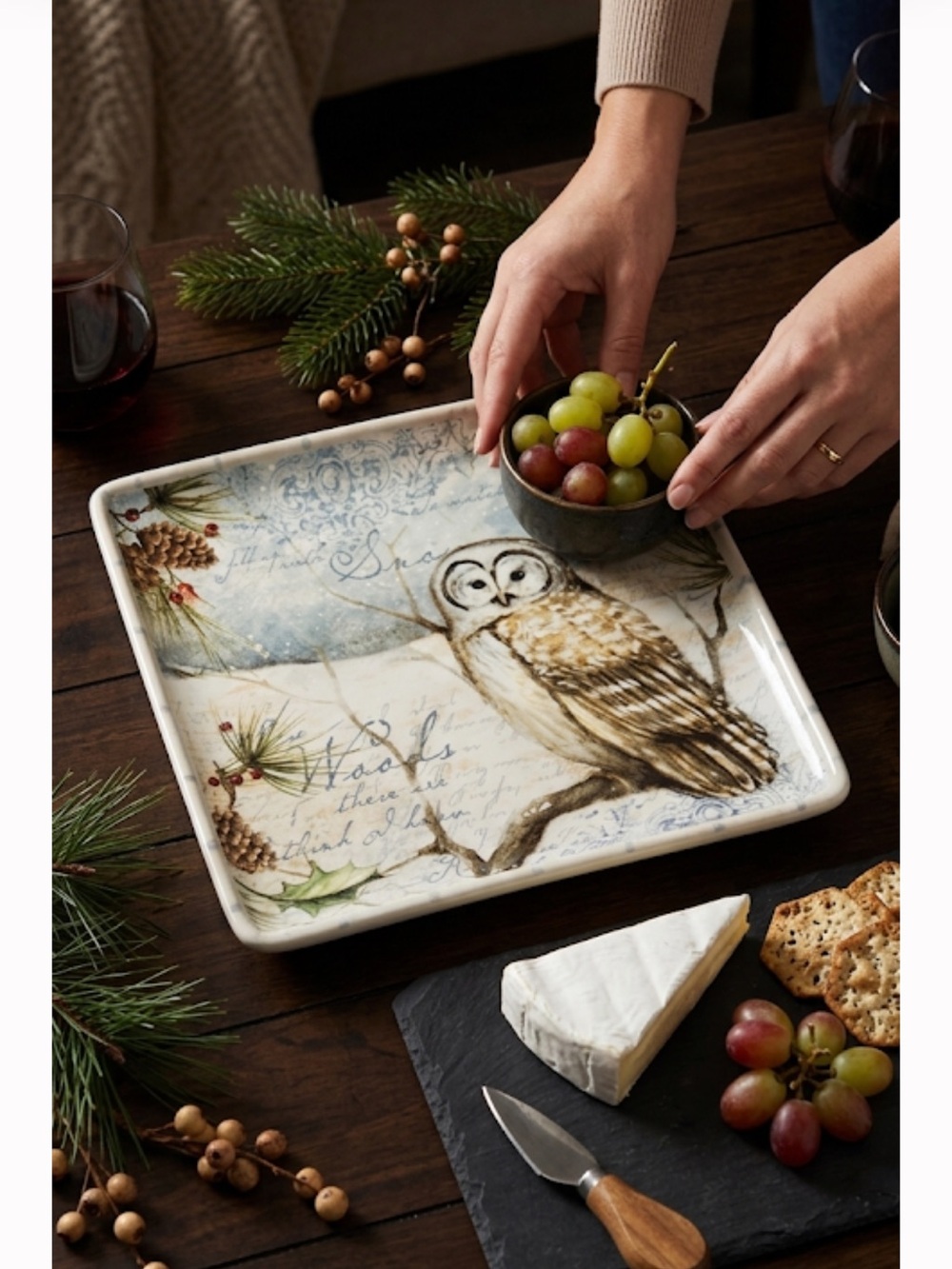 Winter Owl Decorative Serving Tray - Neutral Tones trinket dish